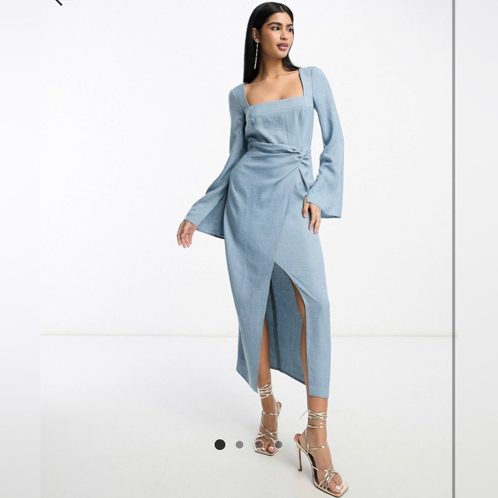 ASOS DESIGN square neck fluted mid dress in denim blue. Size US 4, small.